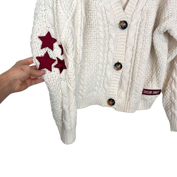 Taylor Swift Sweater M/L Large Cream Red Folklore-Era Cardigan Cable Knit Star - Picture 4 of 12